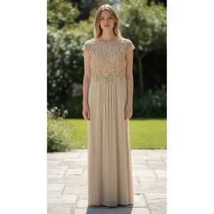 Adrianna Papell Lace Embellished Gown 0 Beige Formal Evening‎ Wedding Elegant